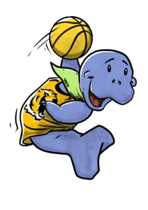 Illustration: Maskottchen Vera im gelben Basketballtrikot springt mit einem Basketball in der Hand