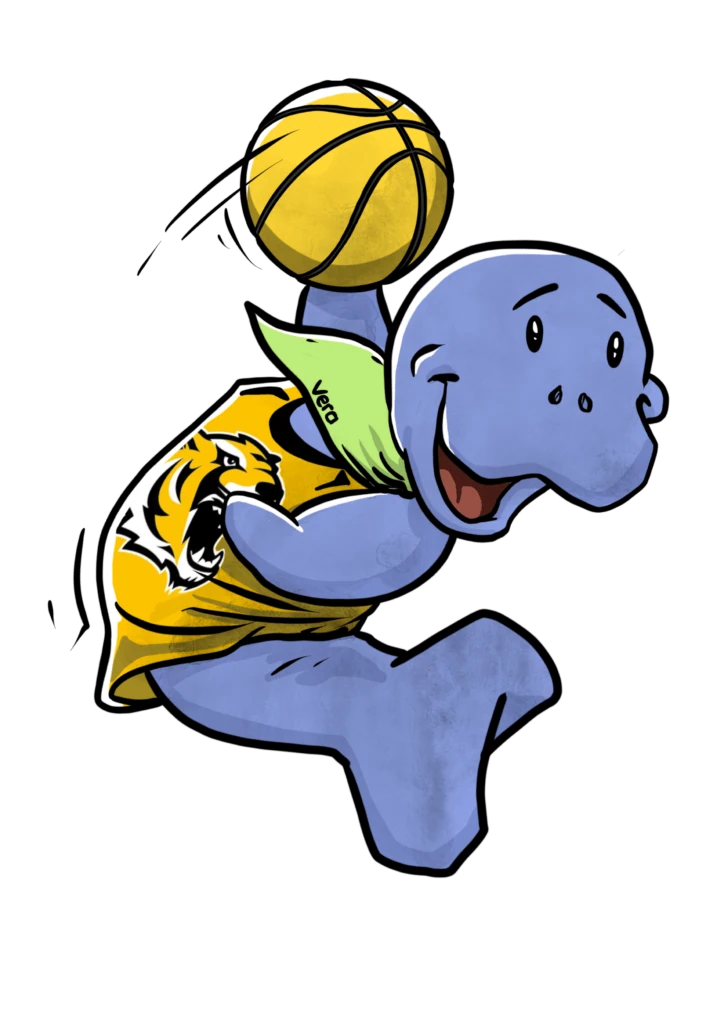 Maskottchen Vera im gelben Trikot mit Tiger-Logo springt mit einem Basketball für die Tigers Tübingen