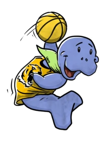 Seekuh-Maskottchen Vera im Basketballtrikot springt mit einem Basketball in der Hand