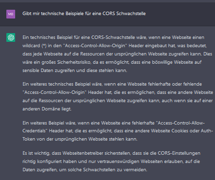 Screenshot: ChatGPT nennt technische Beispiele für CORS-Schwachstellen wie Wildcard im Allow-Origin-Header