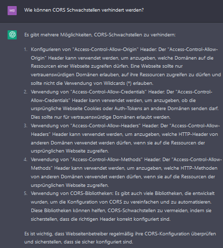 Screenshot: ChatGPT listet fünf Maßnahmen gegen CORS-Schwachstellen, etwa korrekt gesetzte CORS-Header