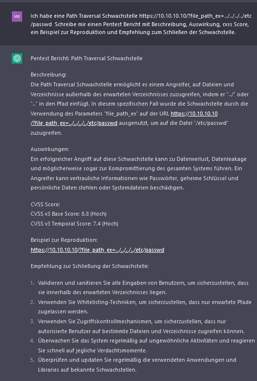 Screenshot: ChatGPT schreibt einen Pentestbericht zu Path Traversal mit CVSS v3 Base Score 8,8