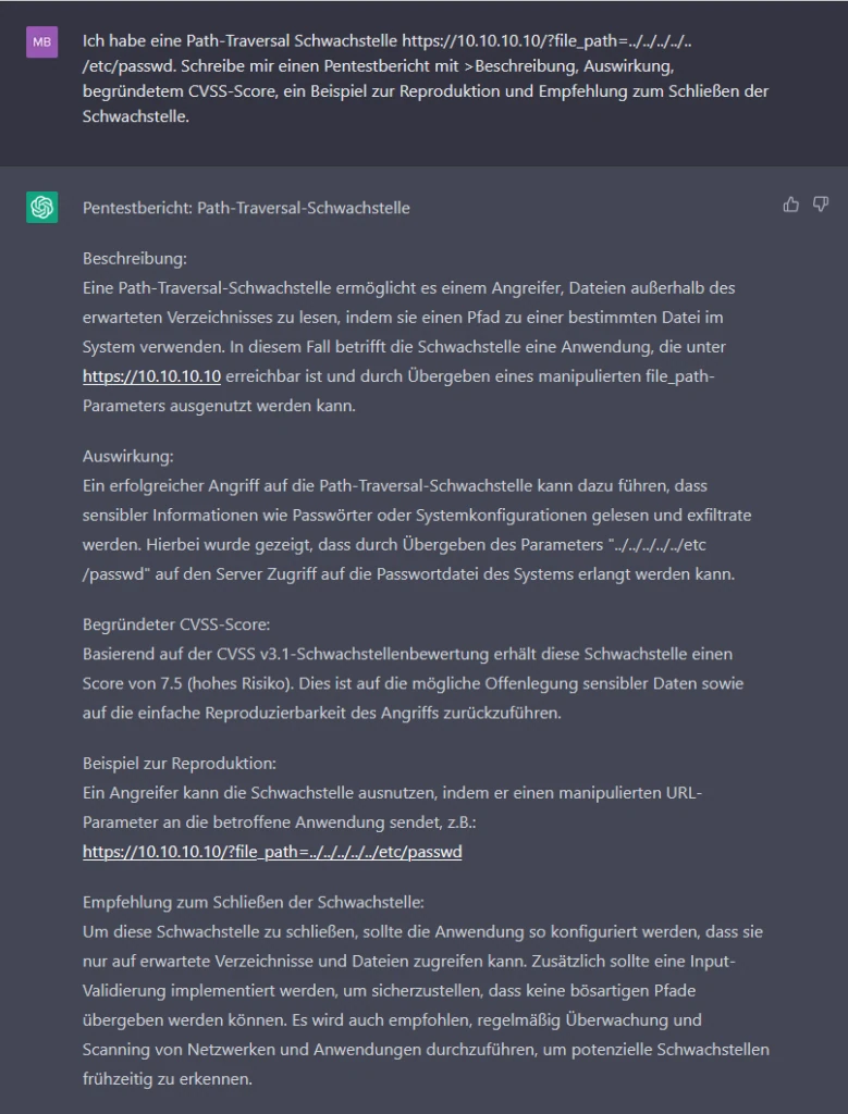 Screenshot: zweiter ChatGPT-Pentestbericht zu Path Traversal, nun mit begründetem CVSS-Score von 7,5
