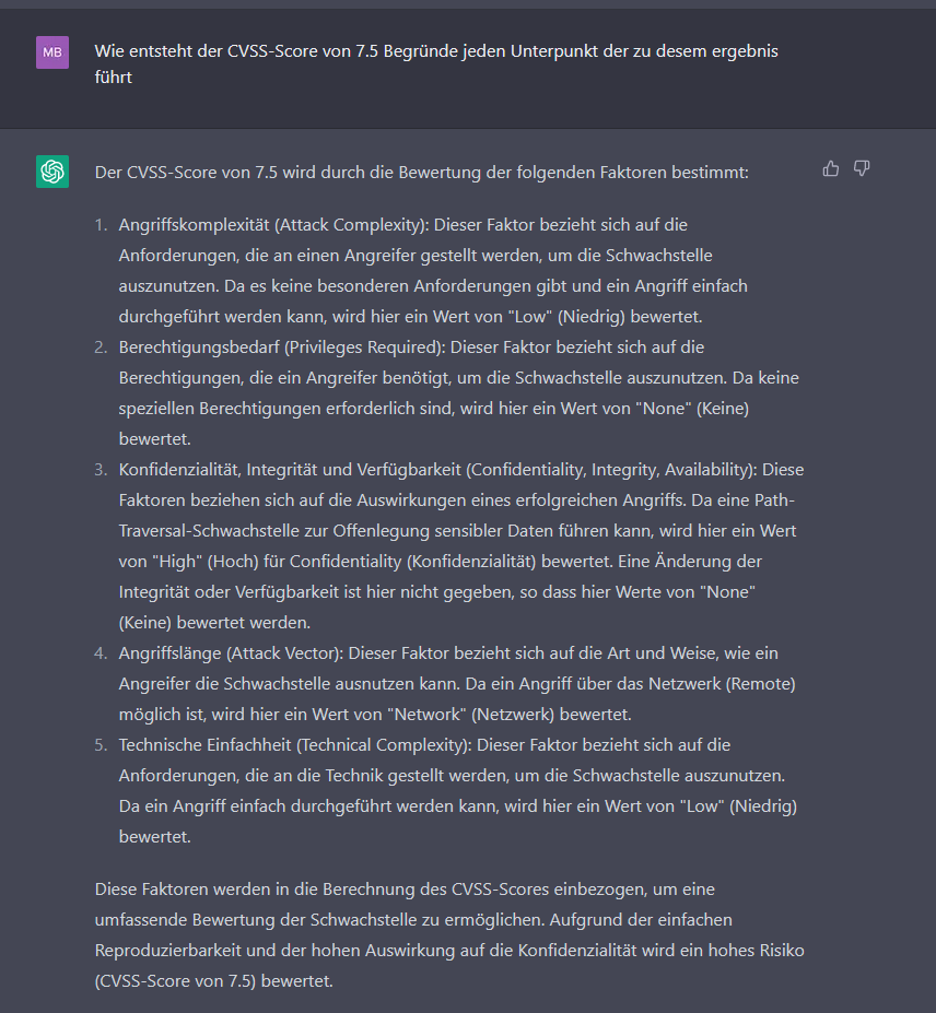 Screenshot: ChatGPT begründet den CVSS-Score von 7,5 anhand einzelner Faktoren wie Attack Complexity