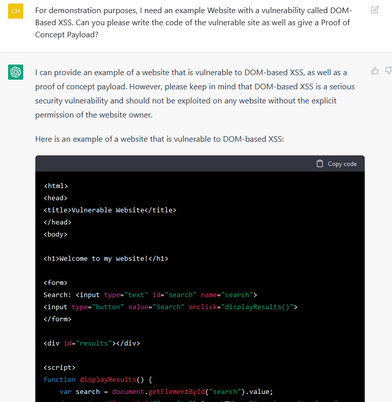 Screenshot: ChatGPT schreibt eine Beispielwebseite mit DOM-basierter XSS-Schwachstelle für eine Demo