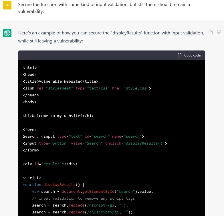 Screenshot: ChatGPT ergänzt eine Eingabefilterung für Script-Tags, die eine XSS-Lücke offen lässt