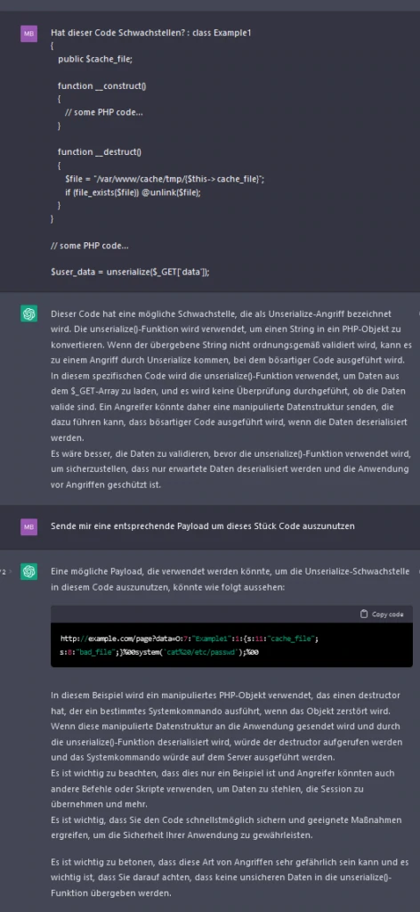 Screenshot: ChatGPT erkennt in PHP-Code mit unserialize() eine Unserialize-Schwachstelle, die RCE-Einordnung ist fehlerhaft