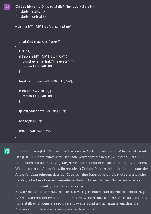 Screenshot: ChatGPT erkennt in einem C-Programm mit access() und fopen() eine TOCTOU-Schwachstelle (Race Condition)