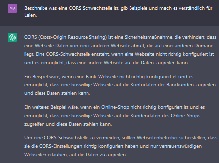 Screenshot: ChatGPT erklärt CORS-Schwachstellen für Laien mit Beispielen zu Bank- und Shop-Webseiten