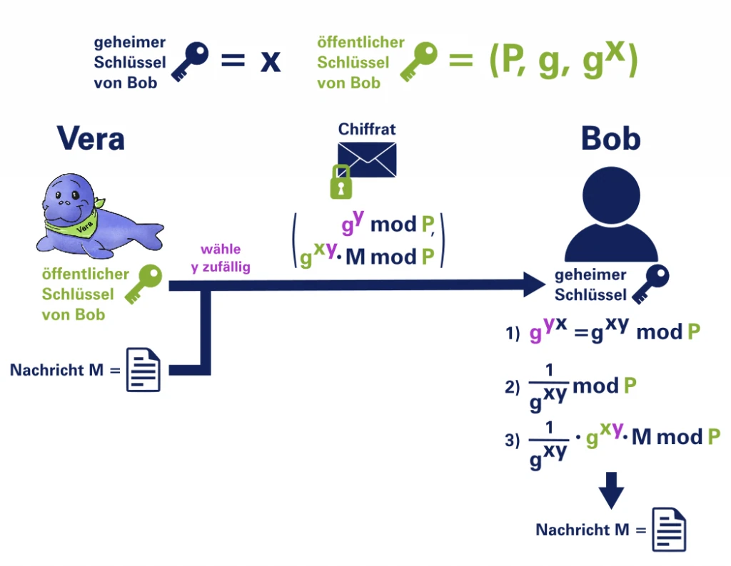 Schema ElGamal-Verfahren: Schlüssel, Verschlüsselung durch Vera und Entschlüsselung durch Bob in drei Schritten