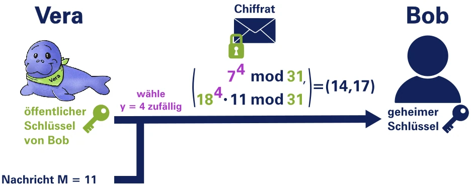 ElGamal-Beispiel: Vera verschlüsselt M = 11 mit y = 4 zum Chiffrat (14, 17)