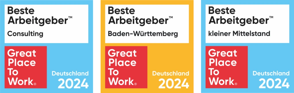 Drei Siegel „Beste Arbeitgeber 2024“ von Great Place To Work: Consulting, Baden-Württemberg und kleiner Mittelstand