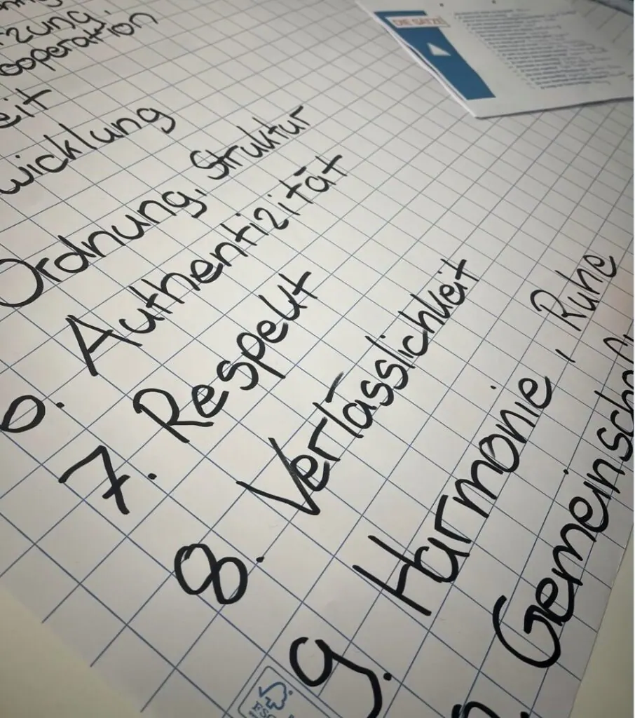 Flipchart mit handschriftlich gesammelten Werten wie Authentizität, Respekt, Verlässlichkeit und Harmonie