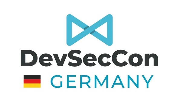 Logo von DevSecCon Germany mit Schleife in Türkis und deutscher Flagge