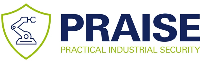 Logo von PRAISE – Practical Industrial Security mit Schild und Industrieroboter