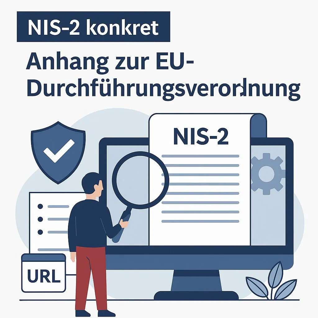 Grafik „NIS-2 konkret – Anhang zur EU-Durchführungsverordnung“: Person prüft NIS-2-Dokument mit Lupe