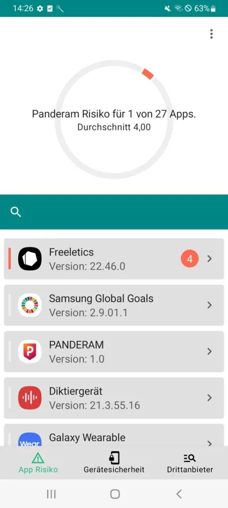 Screenshot: PANDERAM-App zeigt Risiko für 1 von 27 Apps, Freeletics ist als riskant markiert