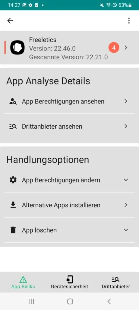 Screenshot: PANDERAM-Detailansicht zu Freeletics mit Analysedetails und Handlungsoptionen wie App löschen