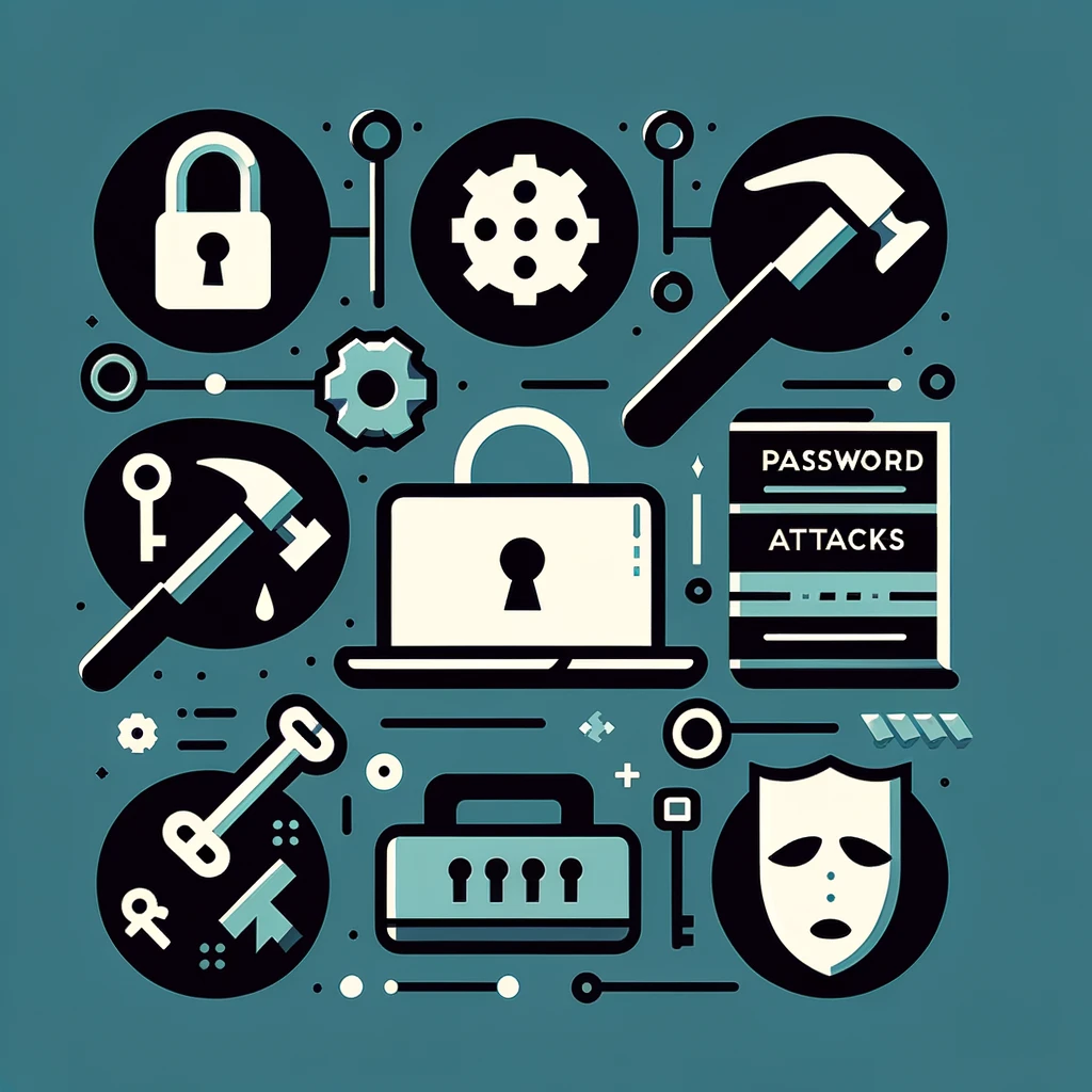 Illustration zu Passwortangriffen: Vorhängeschloss, Laptop mit Schlüsselloch, Schlüssel, Hämmer und Schild „Password Attacks“