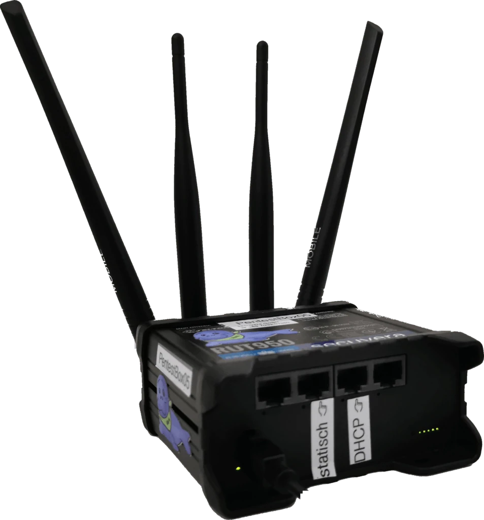 Pentest-Box von secuvera: Mobilfunkrouter RUT950 mit vier Antennen und Ports für statisch und DHCP
