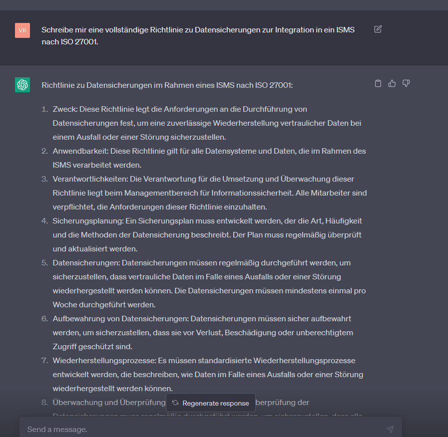 Screenshot: ChatGPT entwirft eine generische Richtlinie zu Datensicherungen für ein ISMS nach ISO 27001