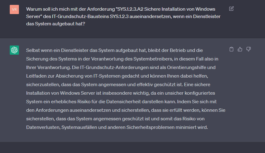 Screenshot: ChatGPT erklärt, warum Betreiber trotz Dienstleister für SYS.1.2.3.A2 verantwortlich bleiben