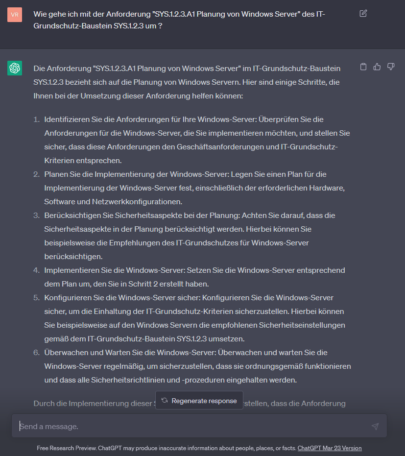 Screenshot: ChatGPT gibt allgemeine Schritte zur Grundschutz-Anforderung SYS.1.2.3.A1 Planung von Windows Server