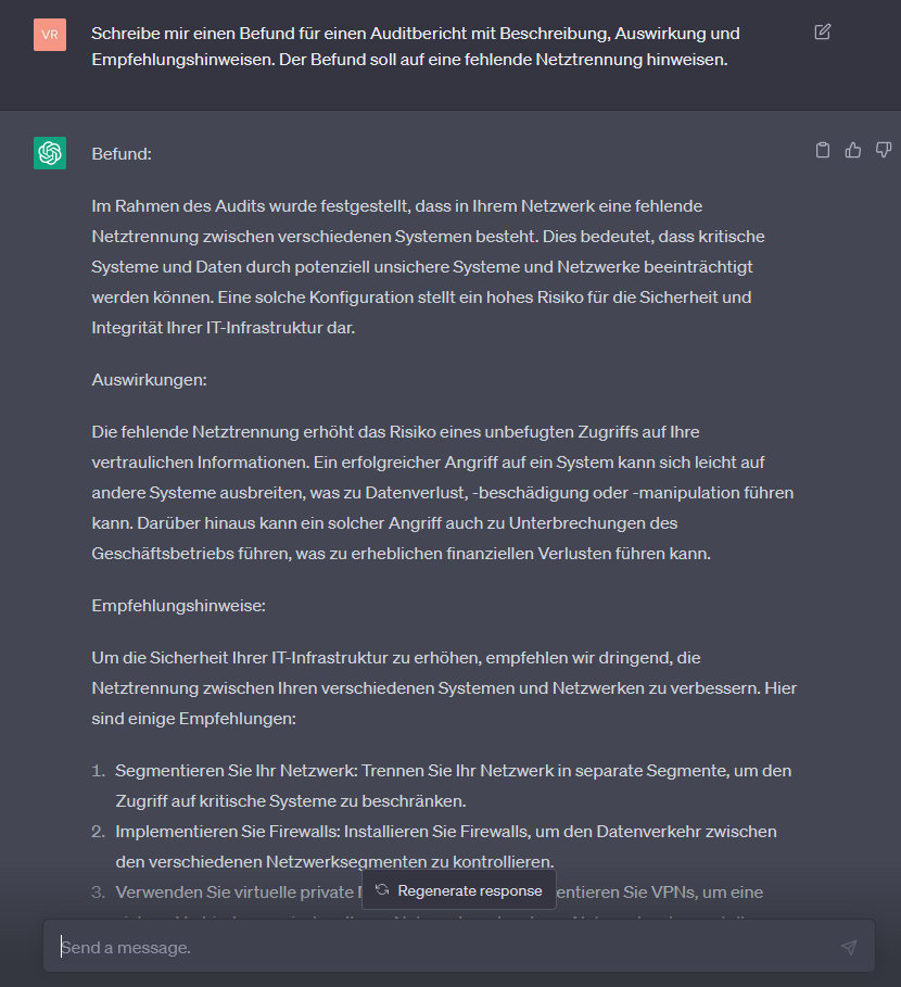 Screenshot: ChatGPT formuliert einen Auditbefund zu fehlender Netztrennung mit Auswirkungen und Empfehlungen