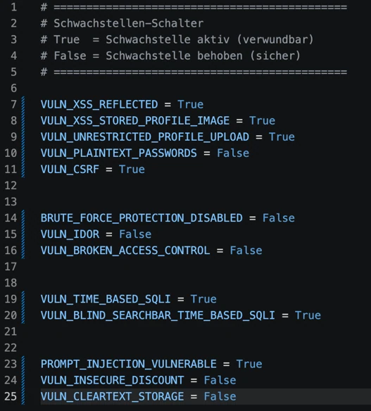 Screenshot: Codeausschnitt mit Schaltern für Schwachstellen wie XSS, CSRF und SQL-Injection, auf True oder False gesetzt