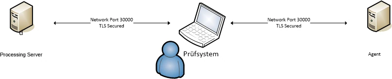 Diagramm Testaufbau: Prüfsystem als Man-in-the-Middle zwischen Processing Server und Agent auf Port 30000