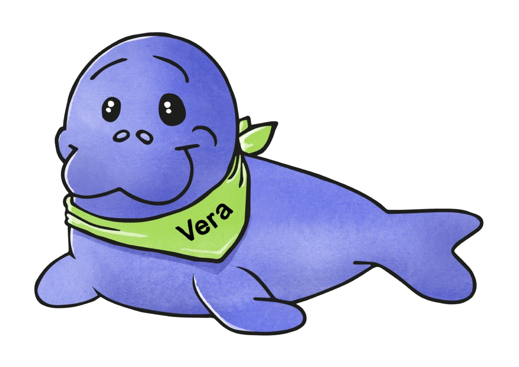 Illustration von Vera, dem blauen Seekuh-Maskottchen von secuvera mit grünem Halstuch