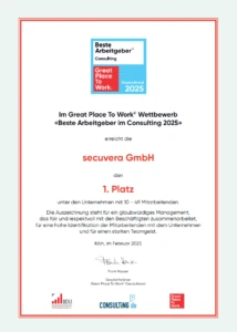 Urkunde: secuvera GmbH belegt den 1. Platz bei Beste Arbeitgeber im Consulting 2025 (30 bis 49 Mitarbeitende)