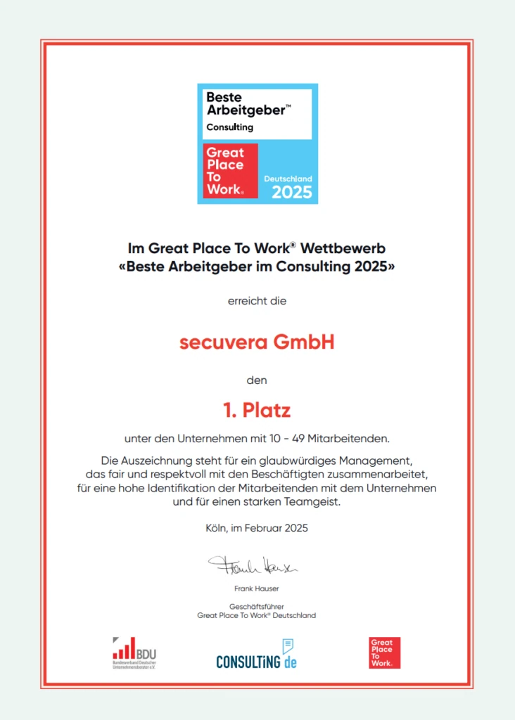 Urkunde: secuvera GmbH erreicht 1. Platz bei „Beste Arbeitgeber im Consulting 2025“ (Great Place to Work)