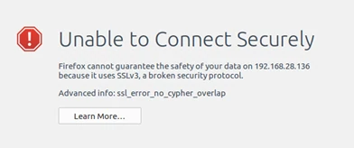 Screenshot: Firefox verweigert die Verbindung, weil der Server nur SSLv3 anbietet (ssl_error_no_cypher_overlap)