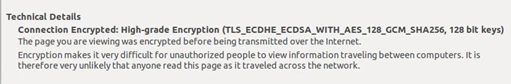 Screenshot: Firefox zeigt die Verbindung mit TLS_ECDHE_ECDSA_WITH_AES_128_GCM_SHA256 und 128-Bit-Schlüsseln