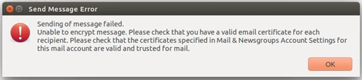 Screenshot: Thunderbird meldet, dass die Nachricht ohne gültiges E-Mail-Zertifikat nicht verschlüsselt werden kann
