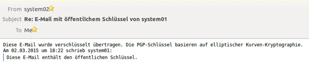 Screenshot: entschlüsselte Antwort-E-Mail mit dem Hinweis auf PGP-Schlüssel mit elliptischen Kurven