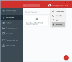 Screenshot: Passwortmanager mit gespeichertem Testeintrag, Menü zum Abmelden geöffnet
