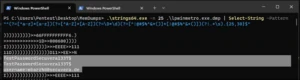 Screenshot: PowerShell-Suche im Speicherabbild zeigt Master- und Testpasswort im Klartext