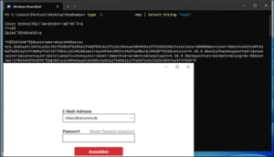Screenshot: PowerShell findet im Prozessspeicher die Anmeldedaten samt Hash für das Webportal