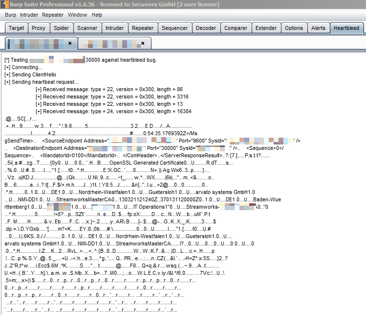 Screenshot: Burp Suite mit Heartbleed-Erweiterung liest Speicherinhalte des Streamworks-Dienstes aus