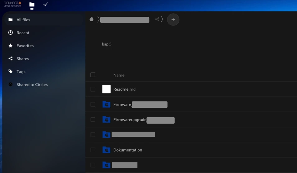 Screenshot: öffentliche Nextcloud von Connect-D mit Ordnern für Firmware, Firmwareupgrade und Dokumentation