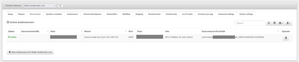Screenshot: Web-Interface des Streaming-Anbieters mit Audioquelle von Radio Andernach Live, Zugangsdaten geschwärzt