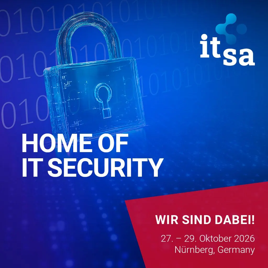 Grafik der it-sa 2026 „Home of IT Security“ mit Vorhängeschloss: Wir sind dabei, 27. bis 29. Oktober 2026 in Nürnberg