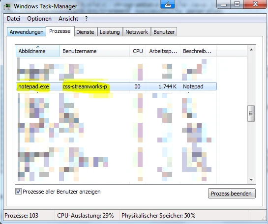 Screenshot: Task-Manager auf dem Testagenten zeigt notepad.exe unter dem Benutzer css-streamworks