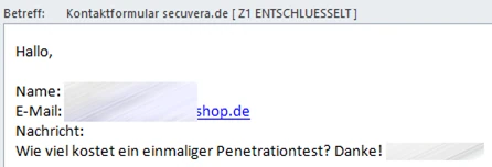 Screenshot: Anfrage über das Kontaktformular – „Wie viel kostet ein einmaliger Penetrationstest?“