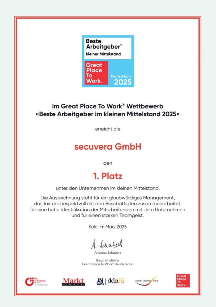 Urkunde: secuvera GmbH erreicht 1. Platz bei „Beste Arbeitgeber im kleinen Mittelstand 2025“ von Great Place to Work