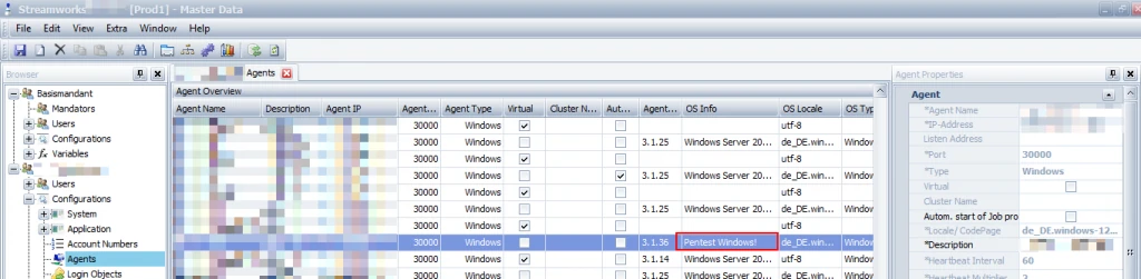 Screenshot: Streamworks-Agentenübersicht, der gefälschte Agent erscheint mit OS-Info „Pentest Windows!“