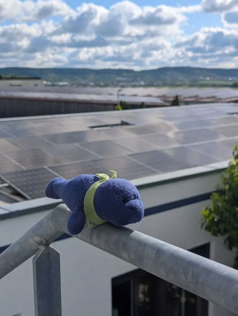 Stoff-Seekuh Vera auf einem Geländer vor der Photovoltaikanlage auf dem Dach des Firmengebäudes